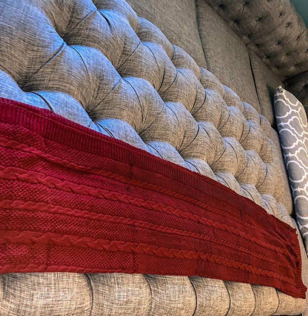 Cable Knit Sweater Throw Blanket – Soft Cotton Throw in Ivory, Navy & Red