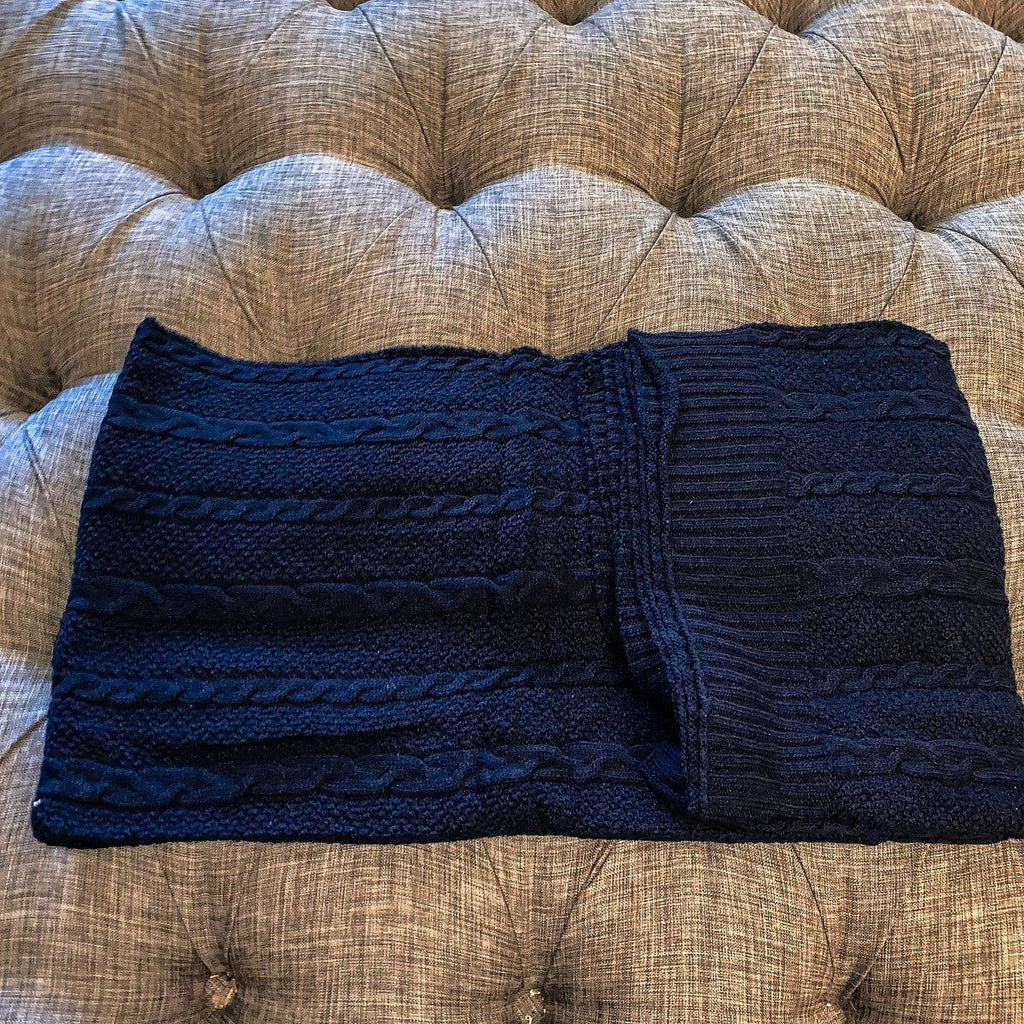 Cable Knit Sweater Throw Blanket – Soft Cotton Throw in Ivory, Navy & Red