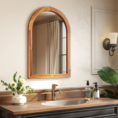 Arched Wall Mirror with Solid Acacia Wood Frame, 24 x 35 in