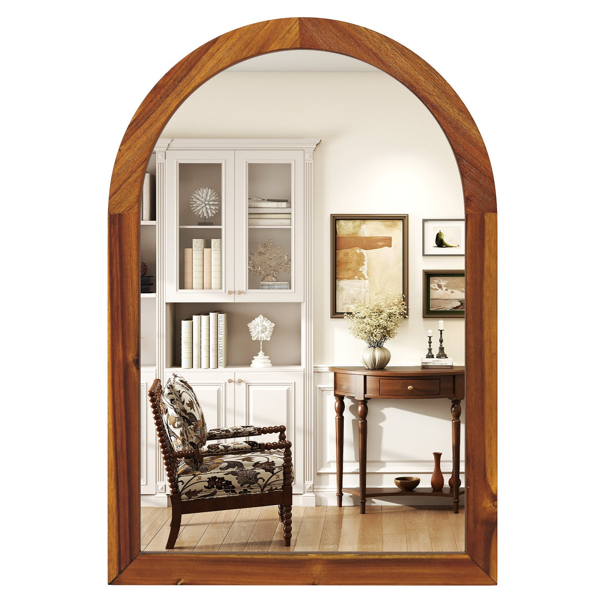 Arched Wall Mirror with Solid Acacia Wood Frame – 24 x 35 in