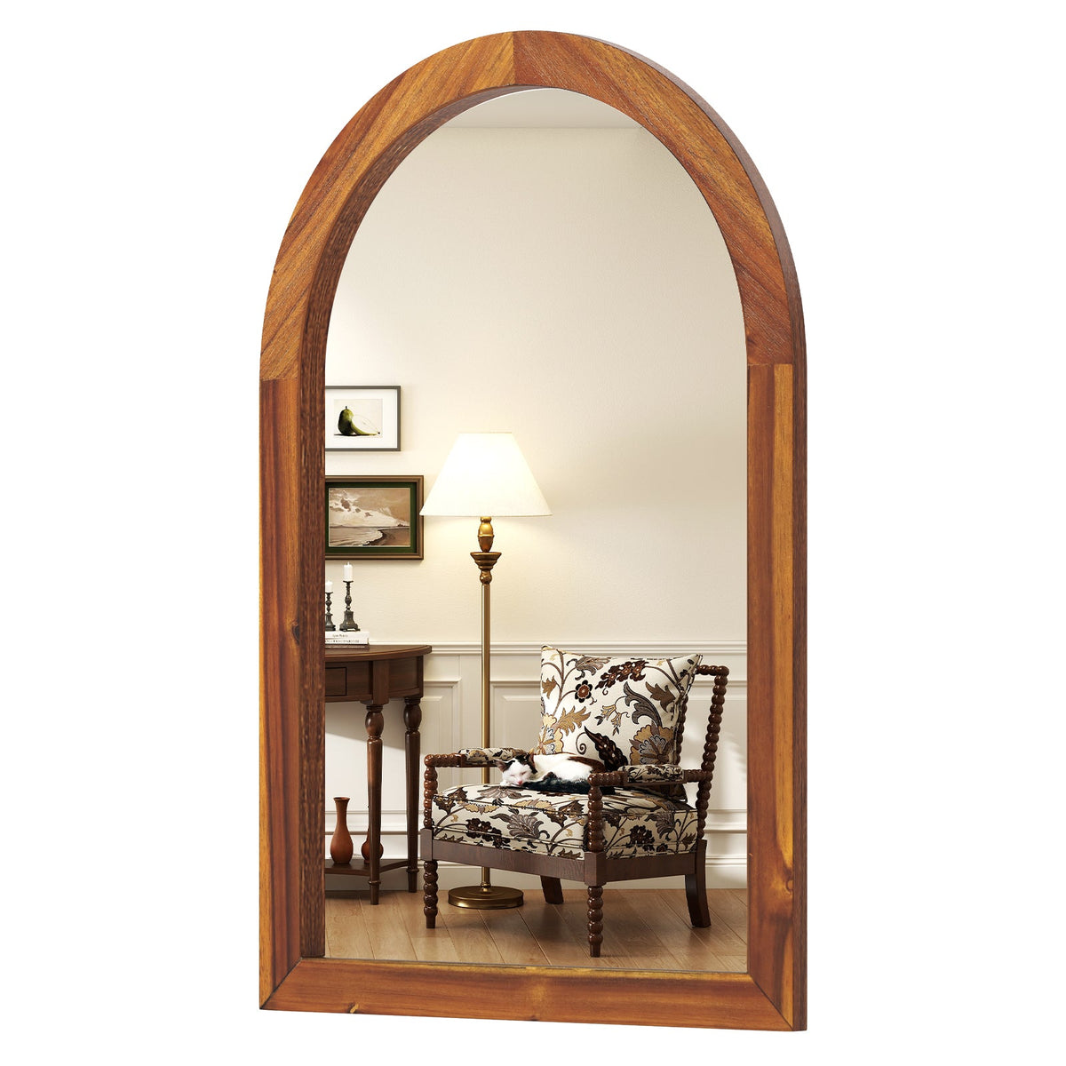 Arched Wall Mirror with Solid Acacia Wood Frame – 24 x 35 in
