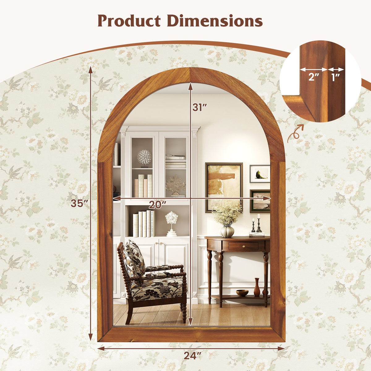 Arched Wall Mirror with Solid Acacia Wood Frame – 24 x 35 in