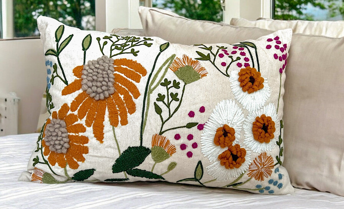 Floral Embroidered Lumbar Pillow Cover 16x24 – Neutral Boho Throw Pillow