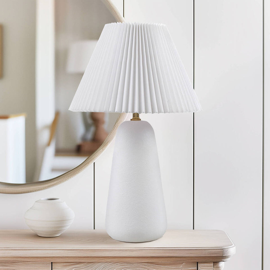 Textured White Ceramic Table Lamp with Fluted Pleated Shade – 21" Lamp