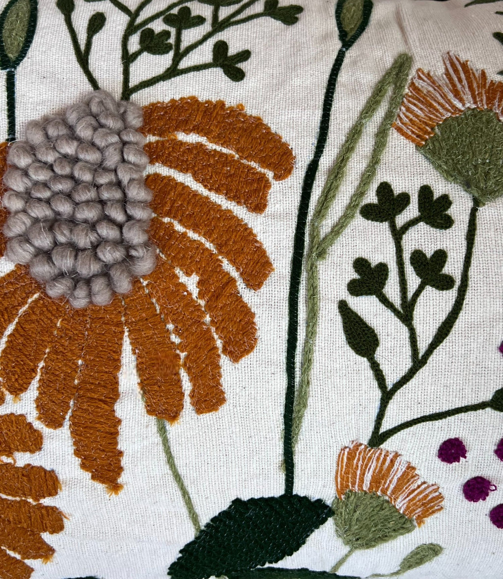 Floral Embroidered Lumbar Pillow Cover 16x24 – Neutral Boho Throw Pillow