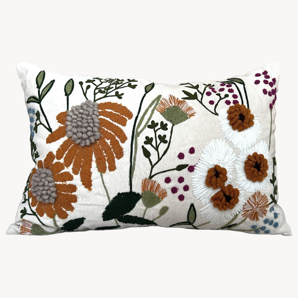 Floral Embroidered Lumbar Pillow Cover 16x24 – Neutral Boho Throw Pillow