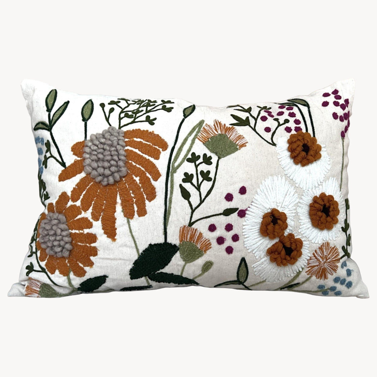 Floral Embroidered Lumbar Pillow Cover 16x24 – Neutral Boho Throw Pillow