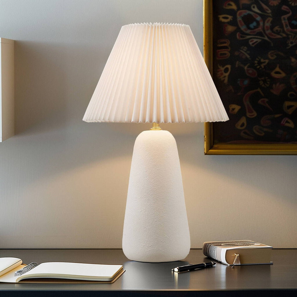 Textured White Ceramic Table Lamp with Fluted Pleated Shade – 21" Lamp