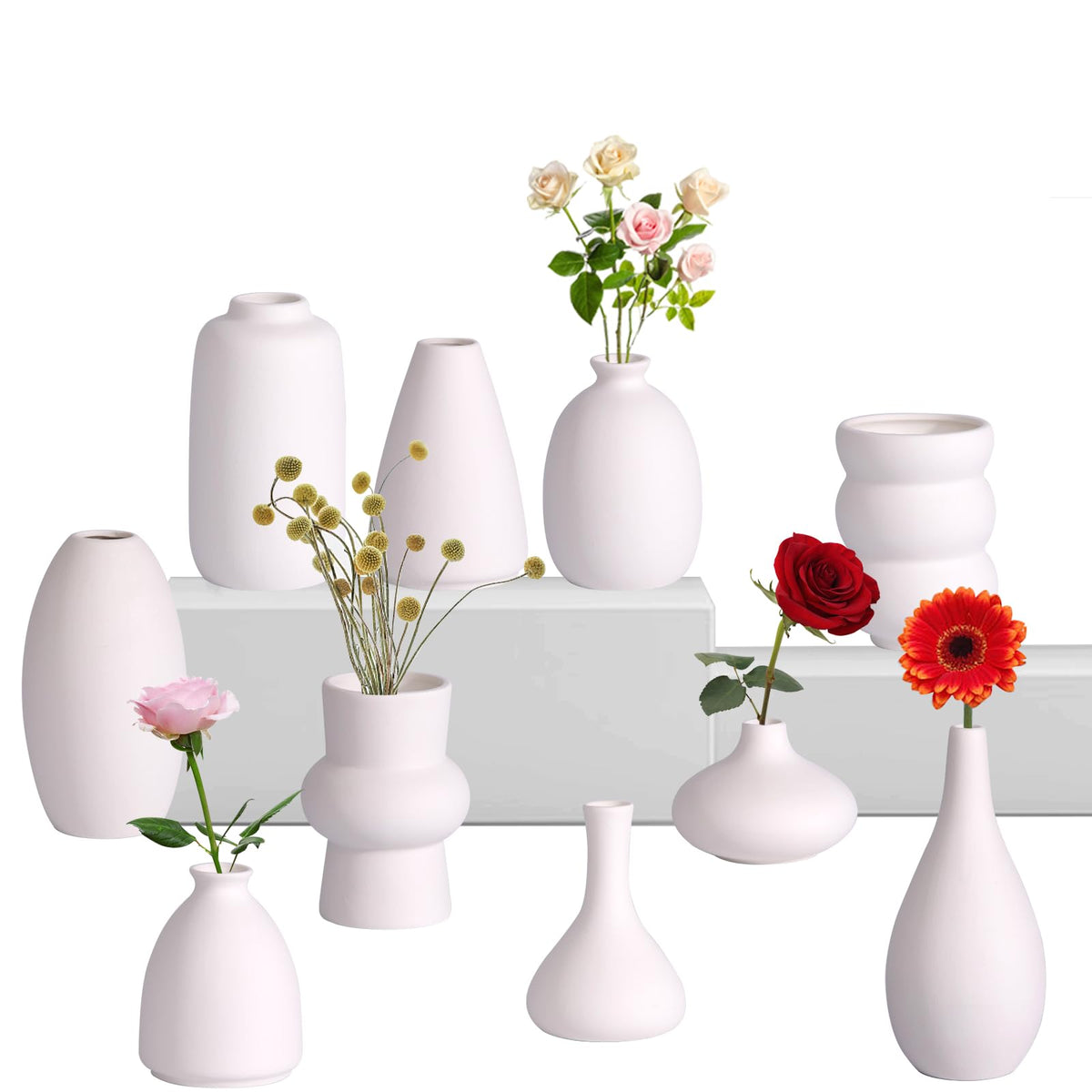 White Ceramic Bud Vase Set of 10 – Small 5" Mini Vases for Centerpieces