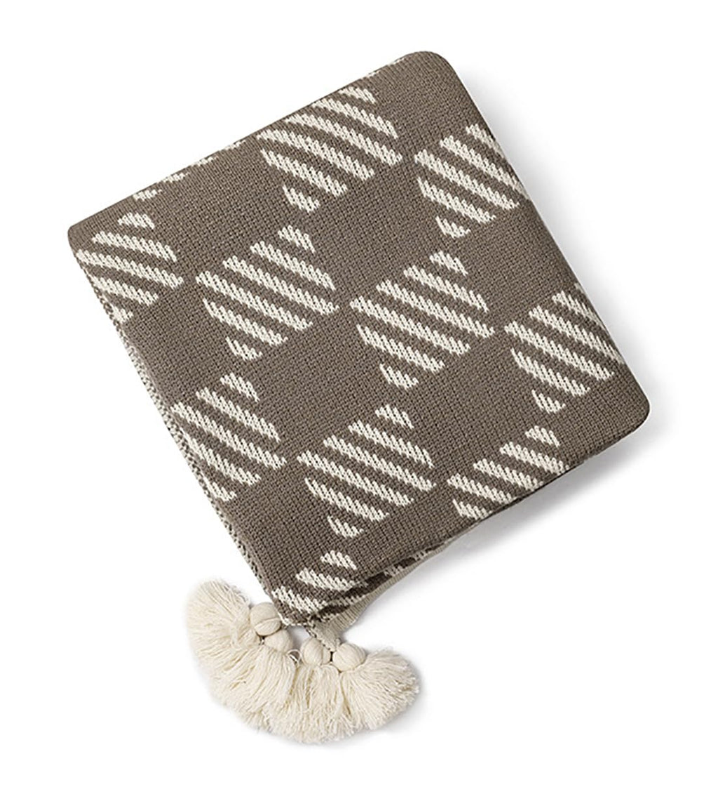 Checkered Knit Throw Blanket with Tassels – Brown, 50x60
