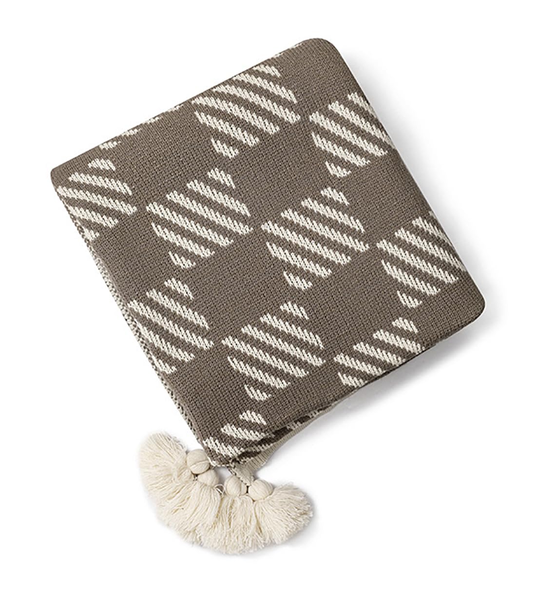 Checkered Knit Throw Blanket with Tassels – Brown, 50x60