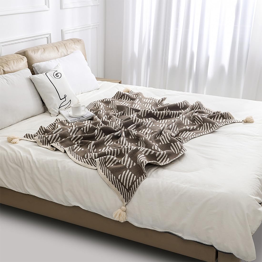 Checkered Knit Throw Blanket with Tassels – Brown, 50x60