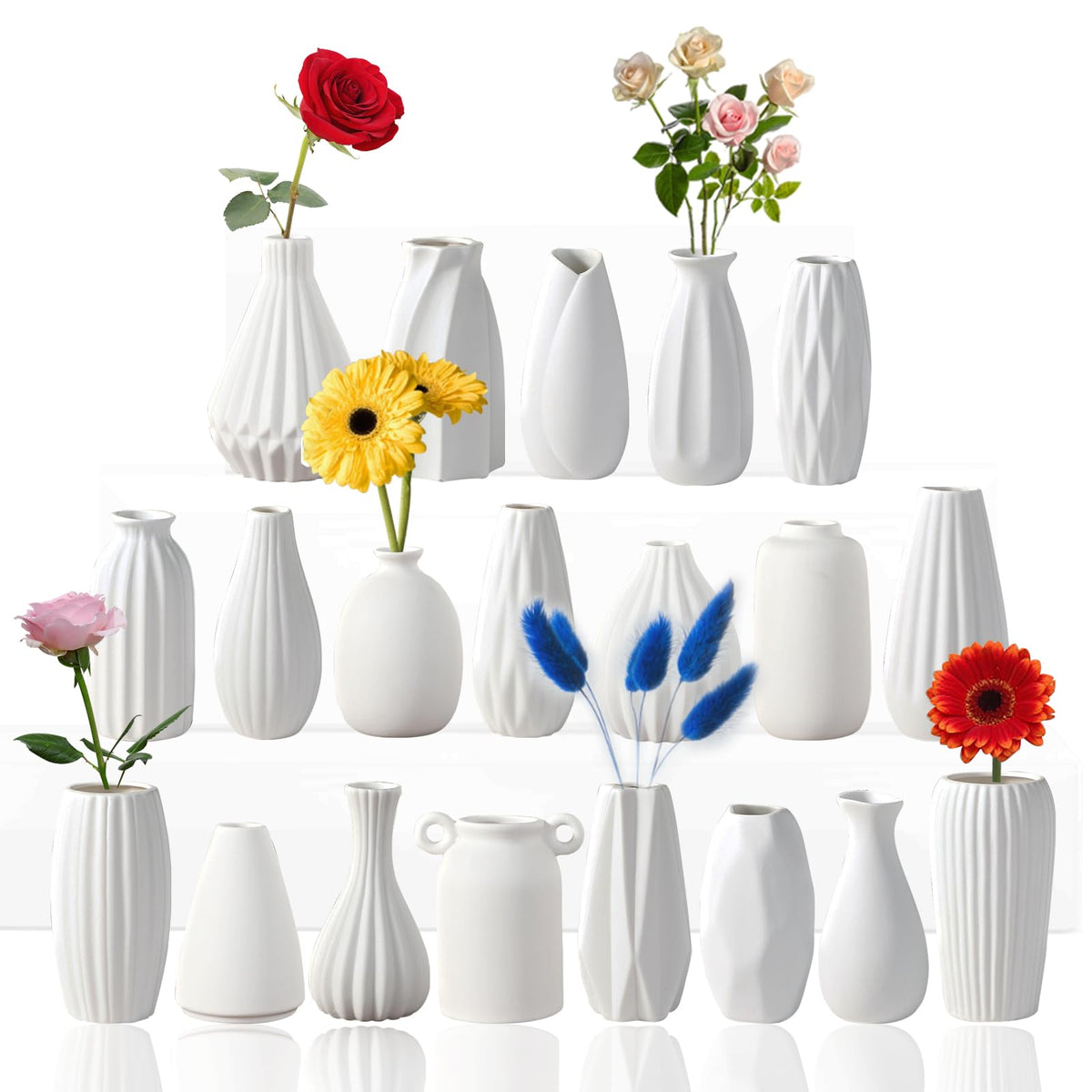 White Ceramic Bud Vase Set of 10 – Small 5" Mini Vases for Centerpieces