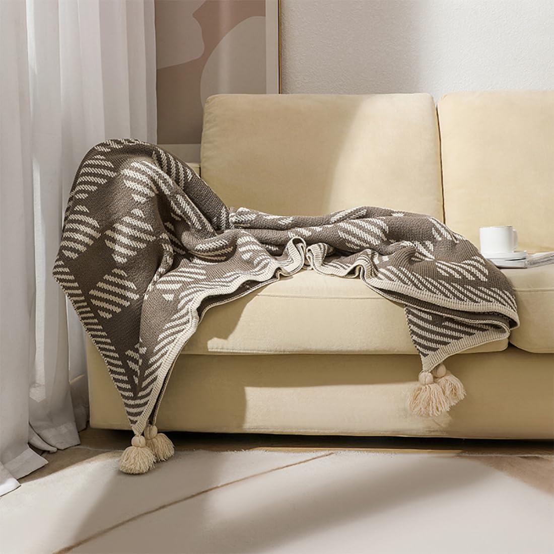 Checkered Knit Throw Blanket with Tassels – Brown, 50x60