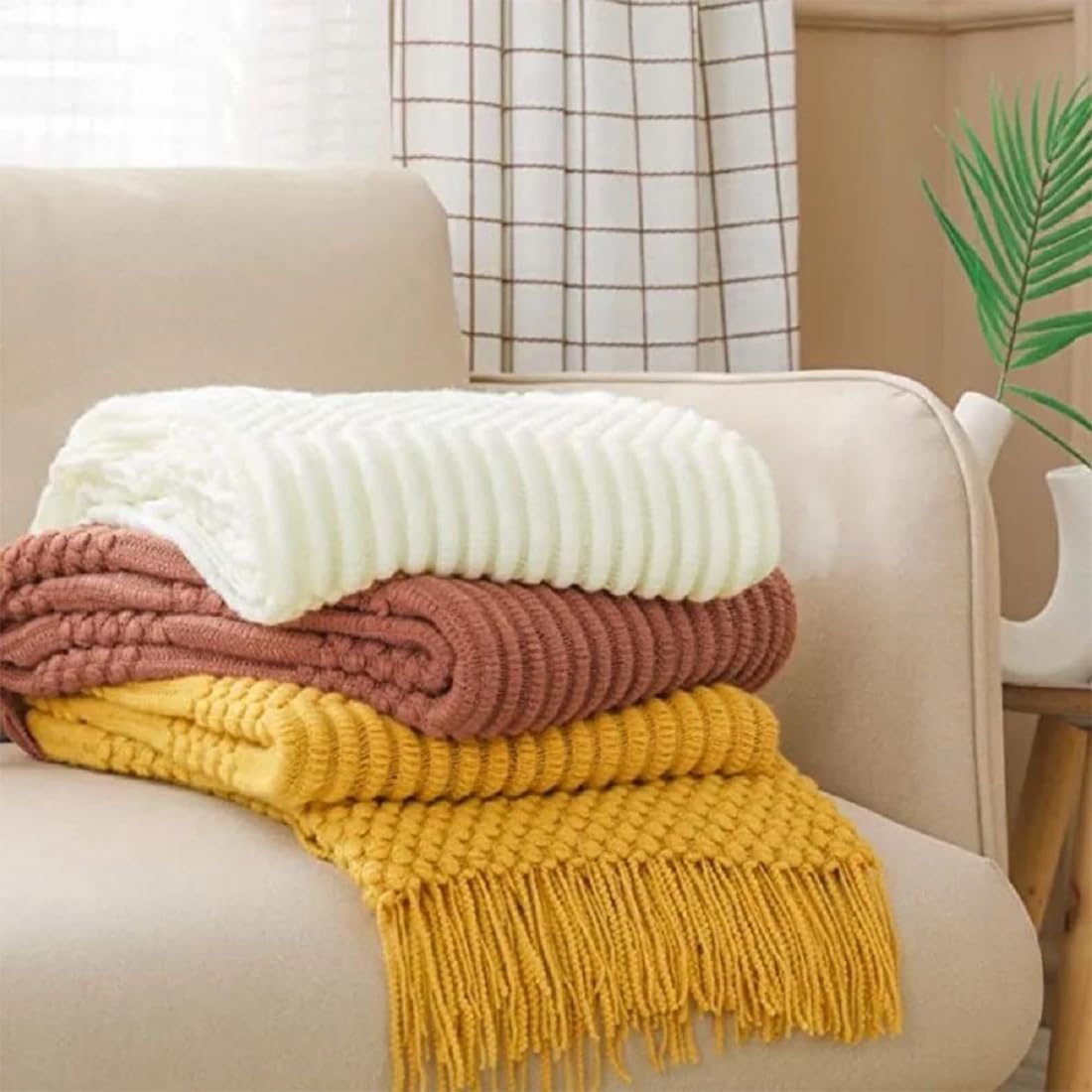 Striped Knit Fringe Throw Blanket 50x60 – 10 Colors