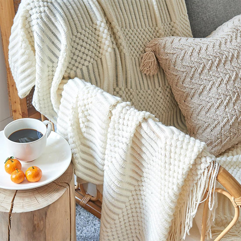 Striped Knit Fringe Throw Blanket 50x60 – 10 Colors