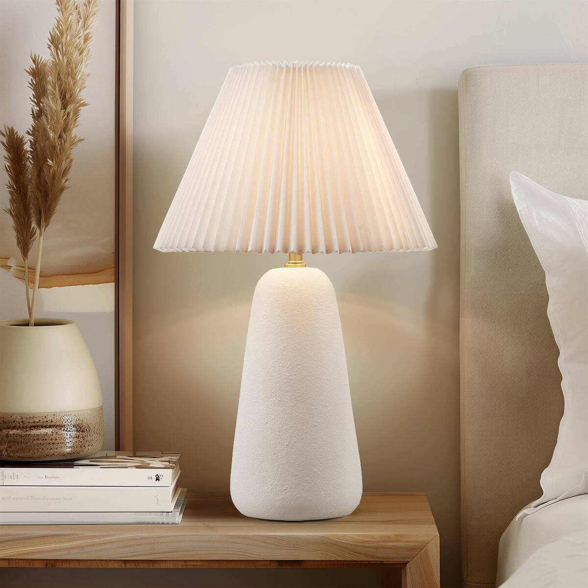 Textured White Ceramic Table Lamp with Fluted Pleated Shade – 21" Lamp