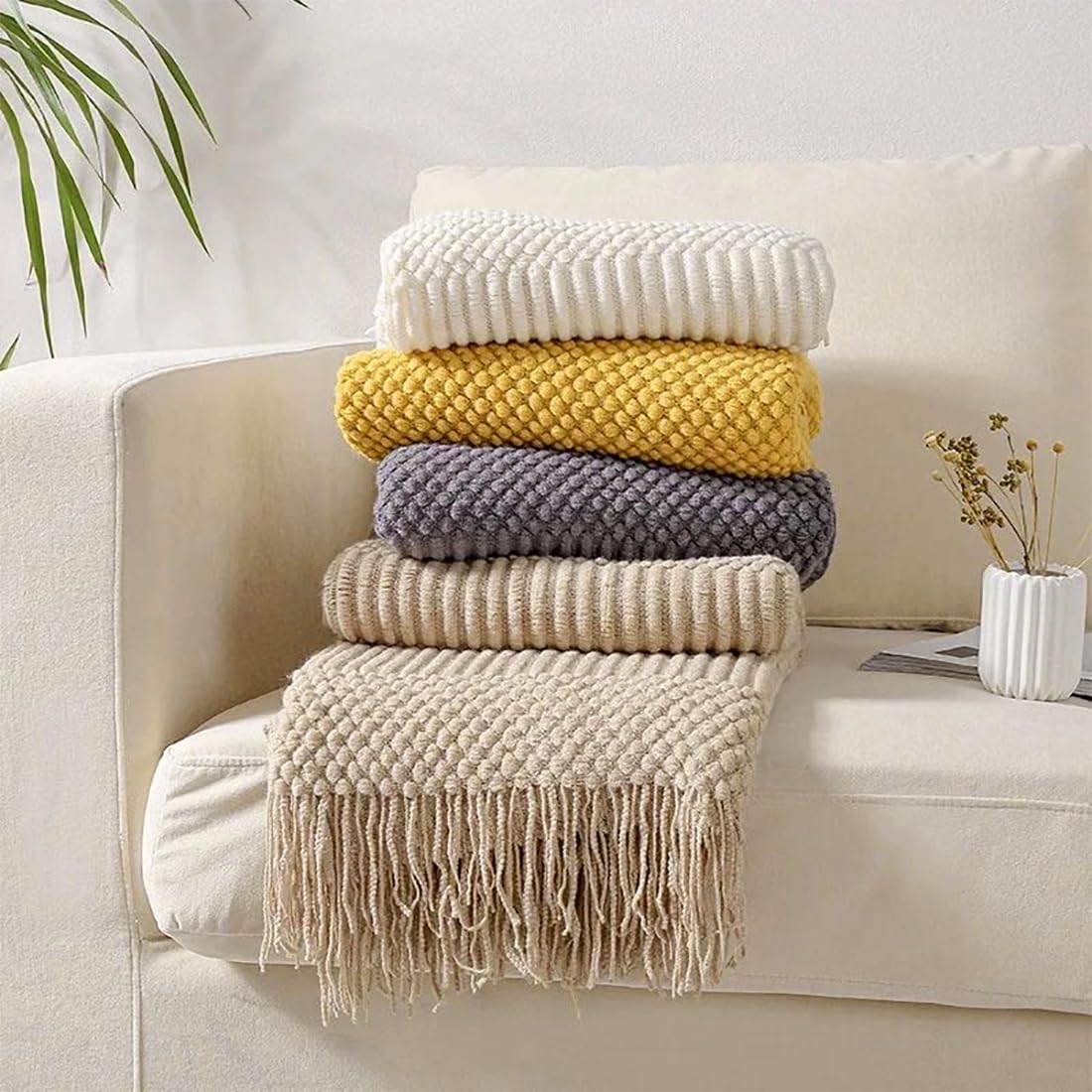 Striped Knit Fringe Throw Blanket 50x60 – 10 Colors