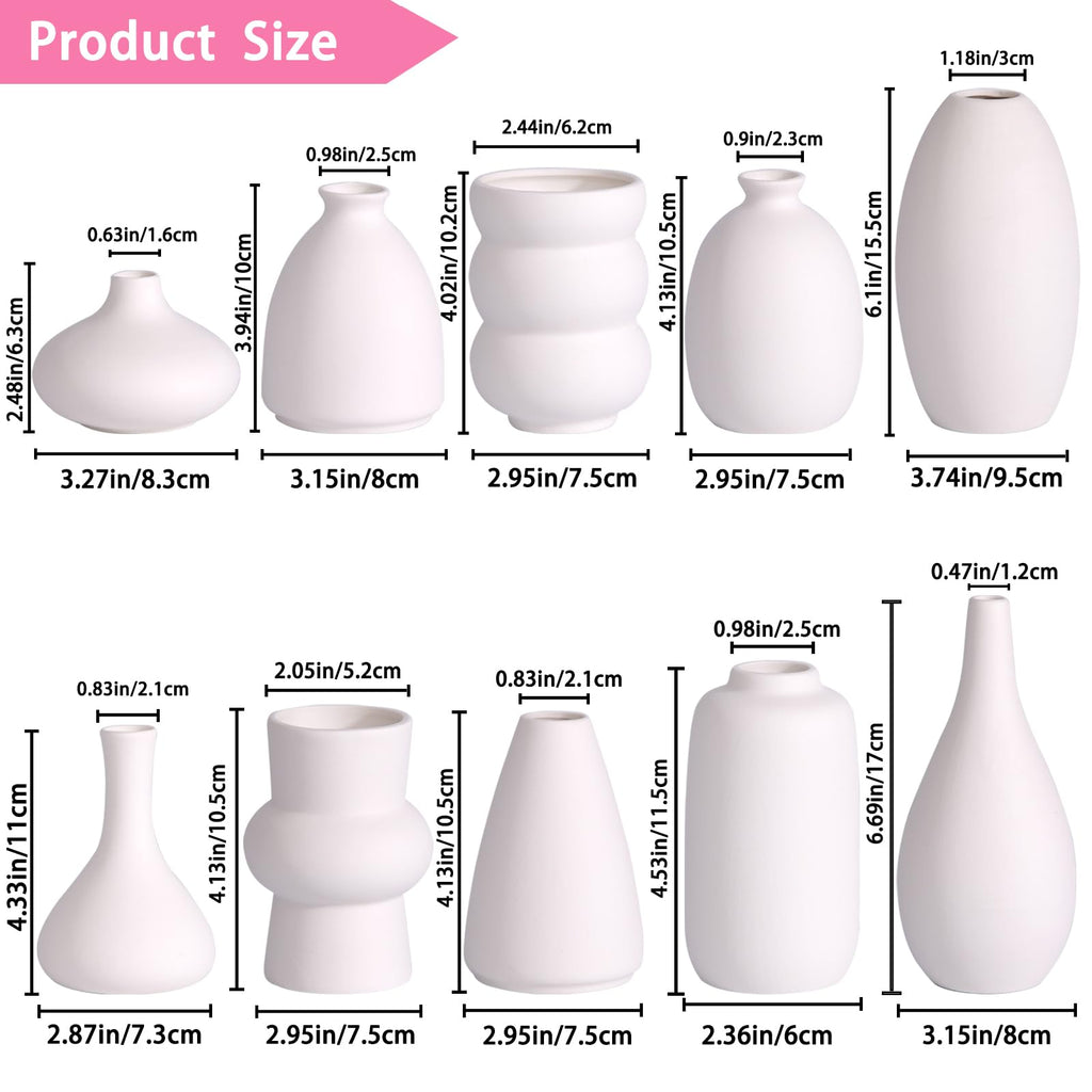 White Ceramic Bud Vase Set of 10 – Small 5" Mini Vases for Centerpieces