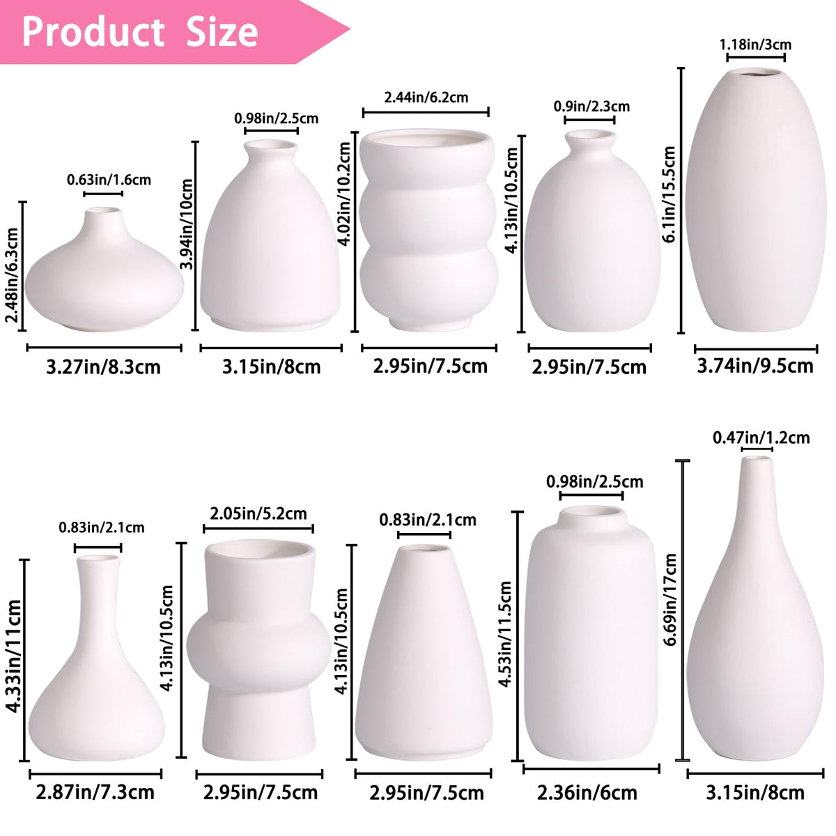 White Ceramic Bud Vase Set of 10 – Small 5" Mini Vases for Centerpieces