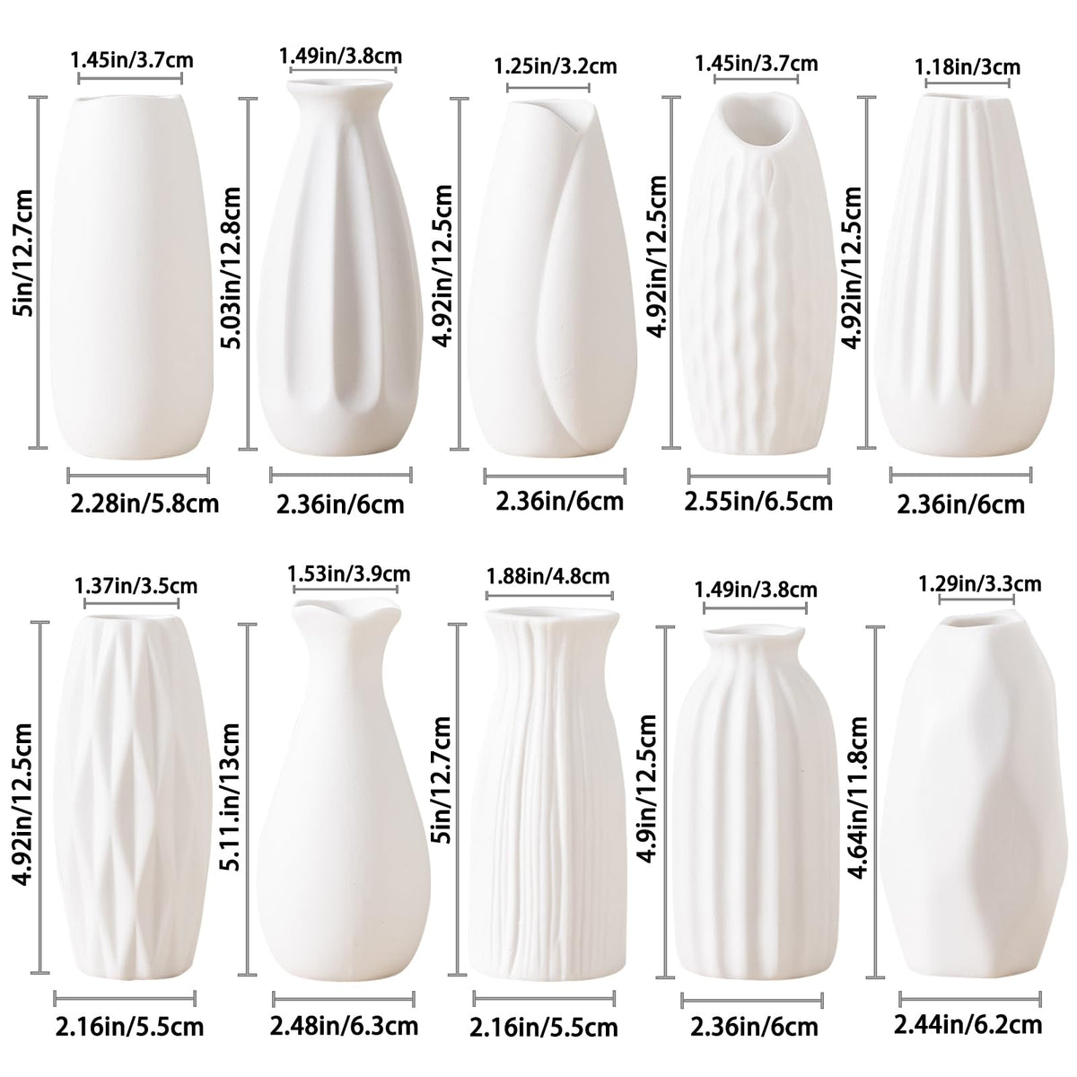 White Ceramic Bud Vase Set of 10 – Small 5" Mini Vases for Centerpieces