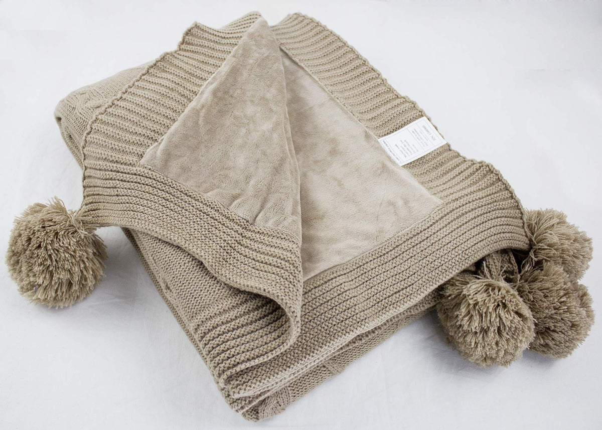 Reversible Cable Knit & Faux Fur Throw Blanket with Pom Poms – Taupe 50x60