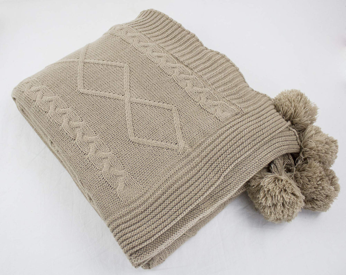 Reversible Cable Knit & Faux Fur Throw Blanket with Pom Poms – Taupe 50x60