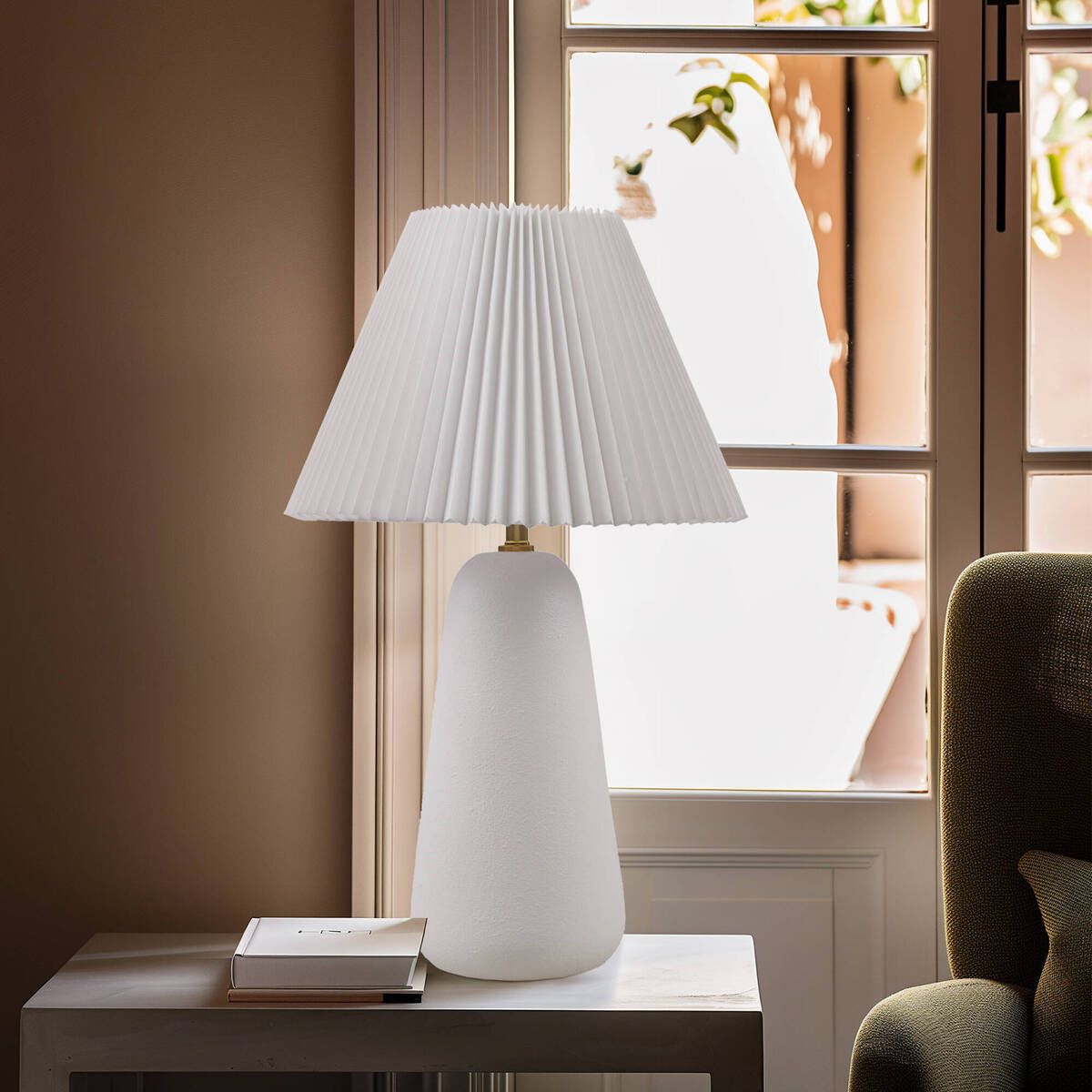Textured White Ceramic Table Lamp with Fluted Pleated Shade – 21" Lamp