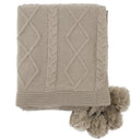 Reversible Cable Knit & Faux Fur Throw Blanket with Pom Poms, Taupe 50x60