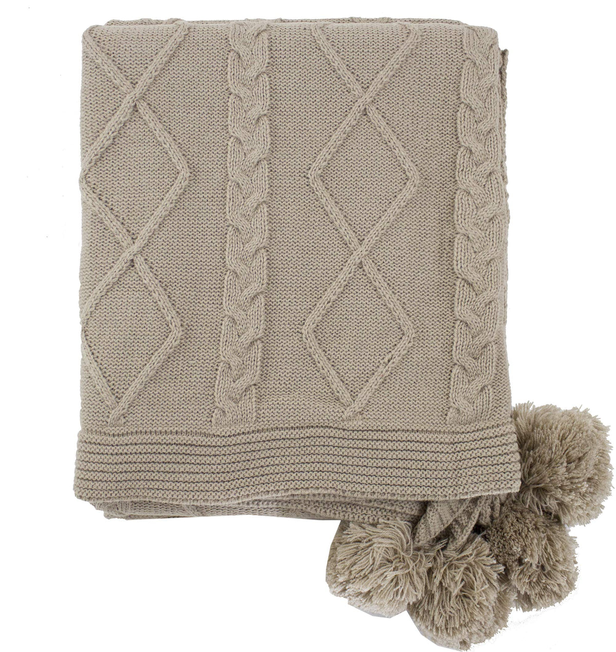Reversible Cable Knit & Faux Fur Throw Blanket with Pom Poms, Taupe 50x60