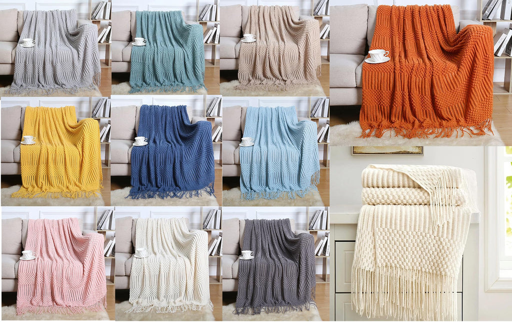 Striped Knit Fringe Throw Blanket 50x60 – 10 Colors