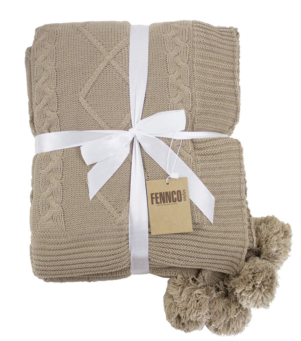 Reversible Cable Knit & Faux Fur Throw Blanket with Pom Poms – Taupe 50x60