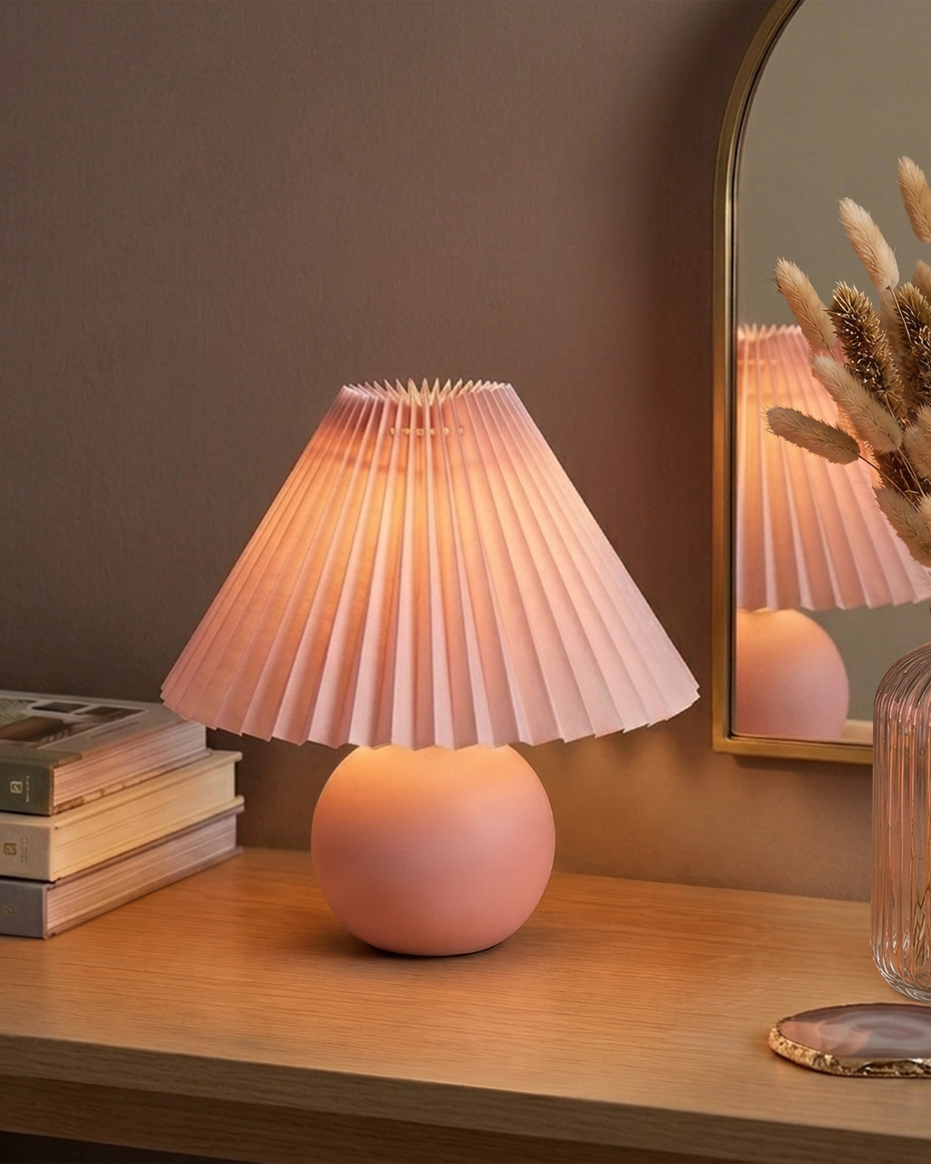 Serena Ceramic Globe Table Lamp with Pleated Shade – Small Accent Lamp