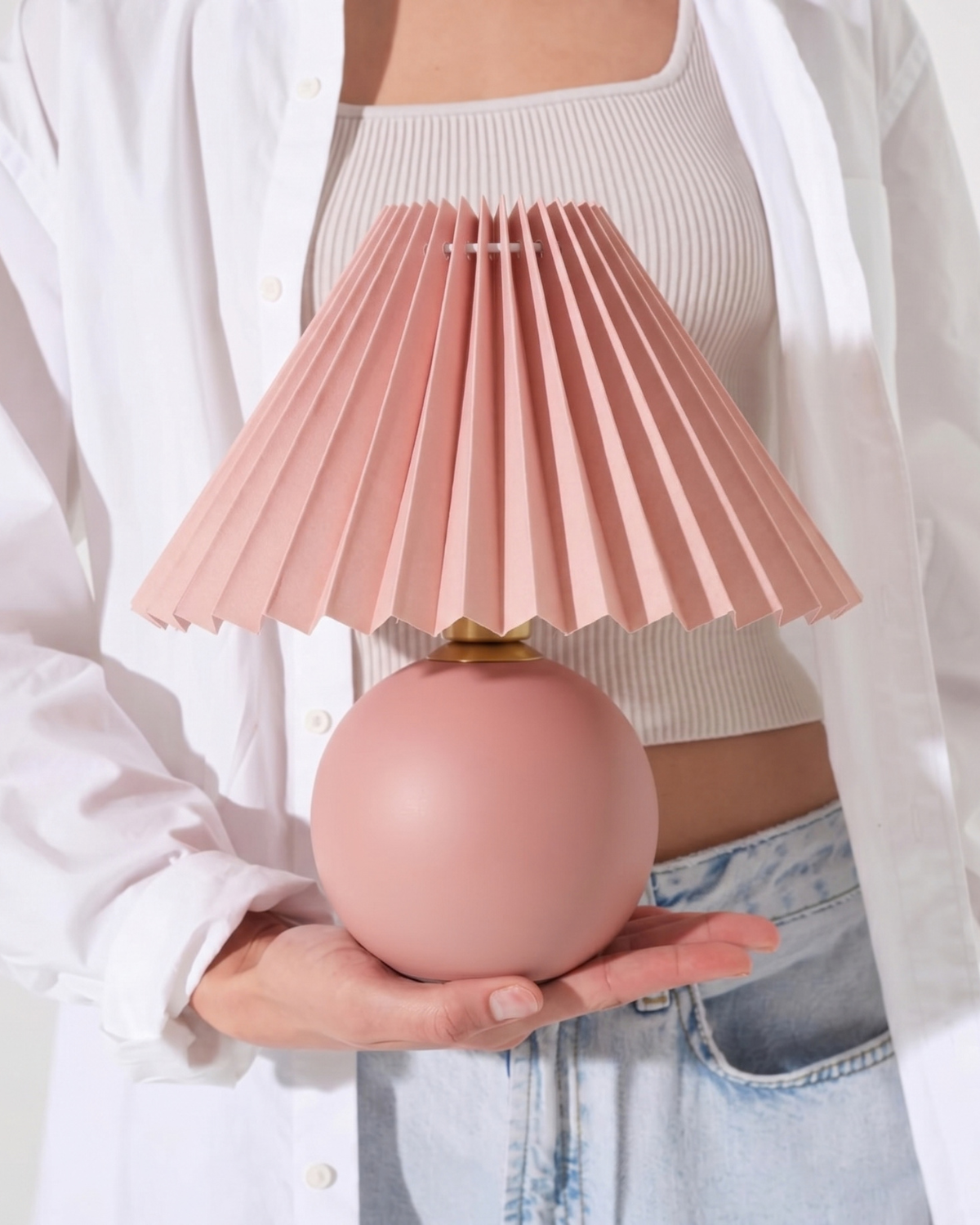 Serena Ceramic Globe Table Lamp with Pleated Shade – Small Accent Lamp