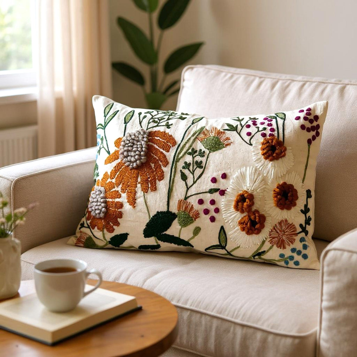Floral Embroidered Lumbar Pillow Cover 16x24, Neutral Boho Throw Pillow