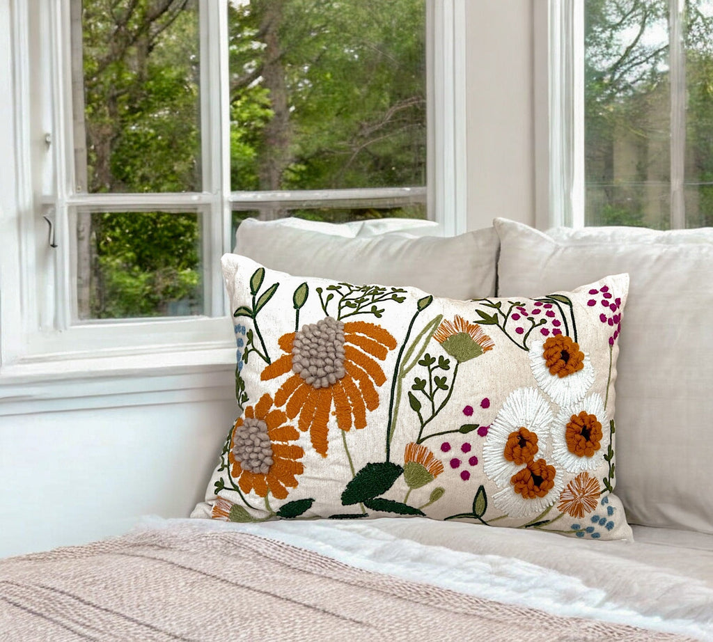 Floral Embroidered Lumbar Pillow Cover 16x24 – Neutral Boho Throw Pillow