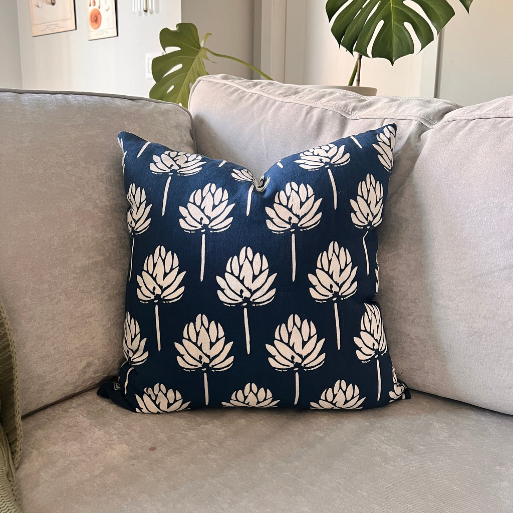 Lotus Bloom Pure Linen Pillow Cover – Navy Blue