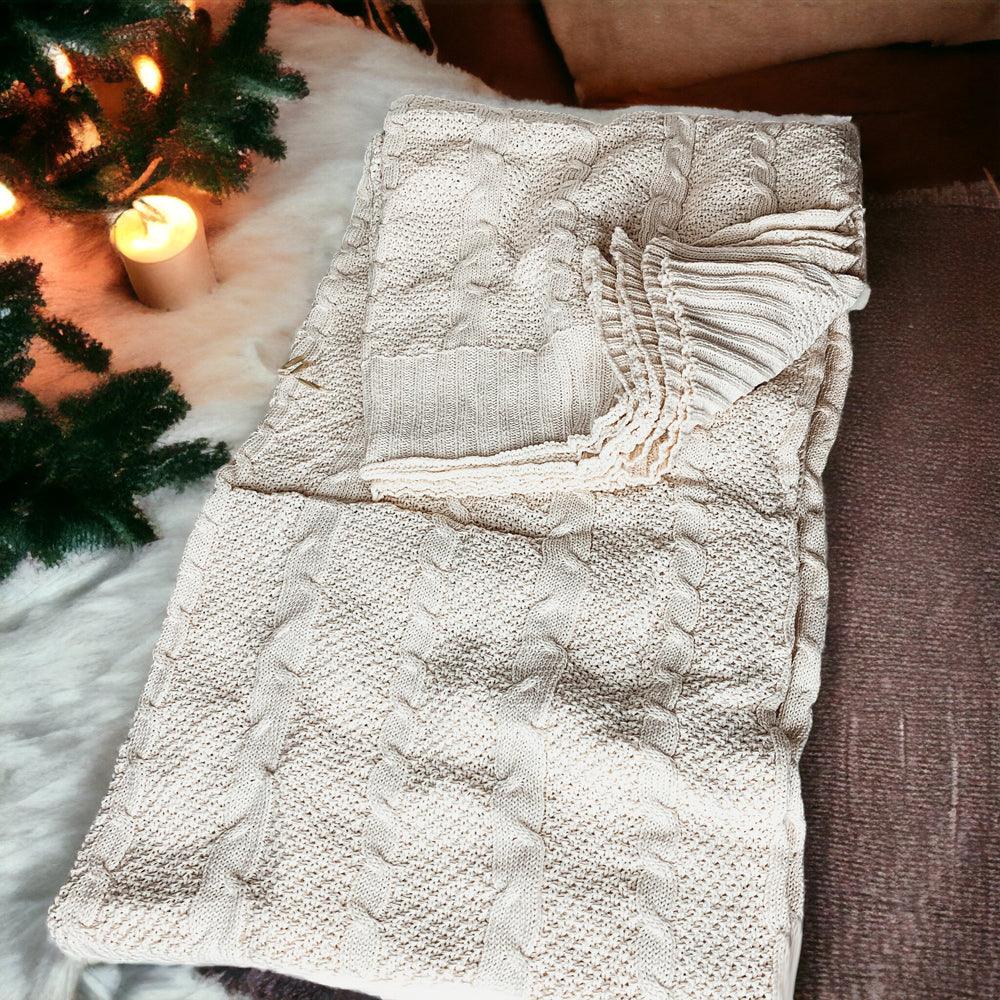 Cable Knit Sweater Throw Blanket – Soft Cotton Throw in Ivory, Navy & Red