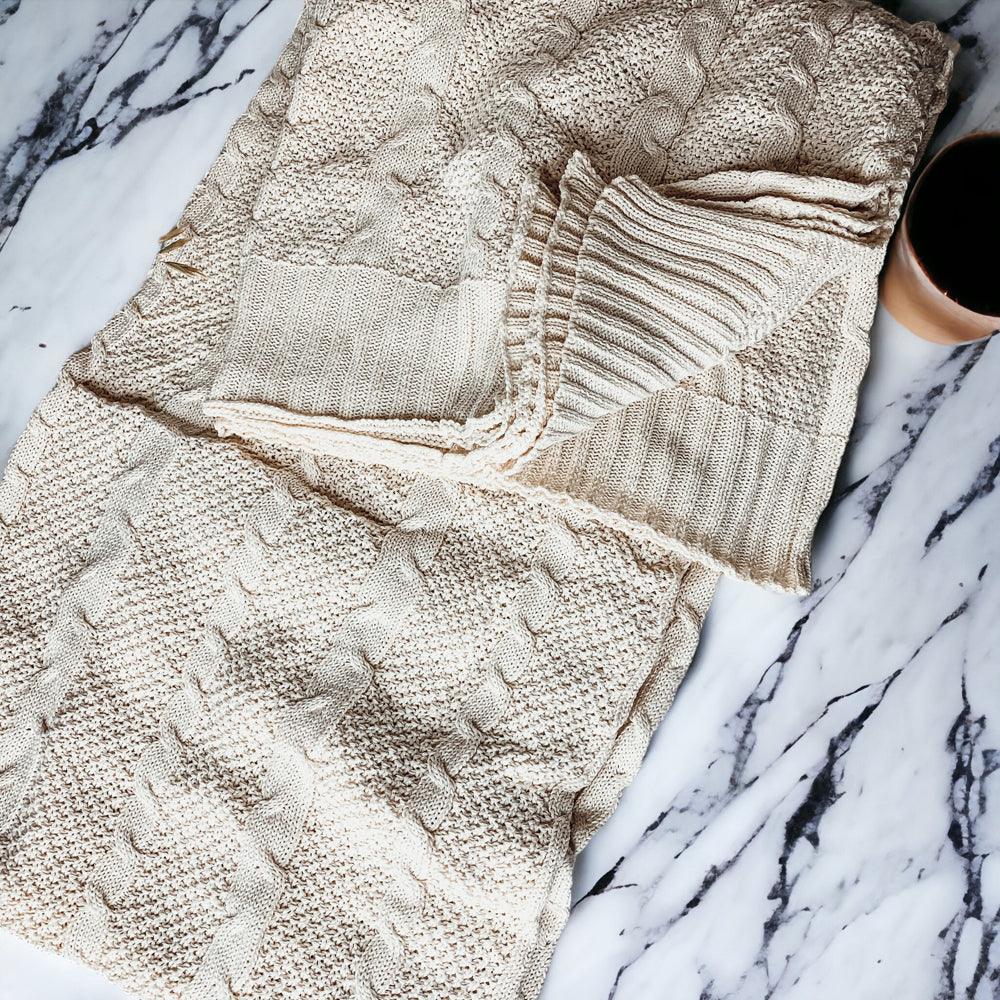 Cable Knit Sweater Throw Blanket – Soft Cotton Throw in Ivory, Navy & Red