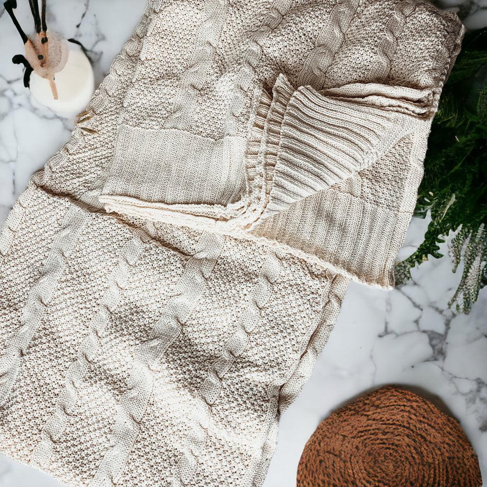 Cable Knit Sweater Throw Blanket – Soft Cotton Throw in Ivory, Navy & Red