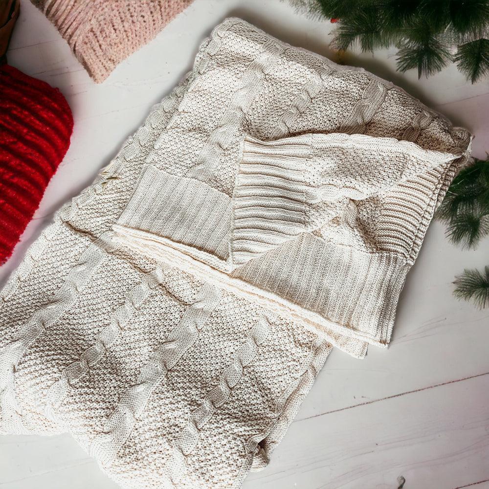 Cable Knit Sweater Throw Blanket – Soft Cotton Throw in Ivory, Navy & Red
