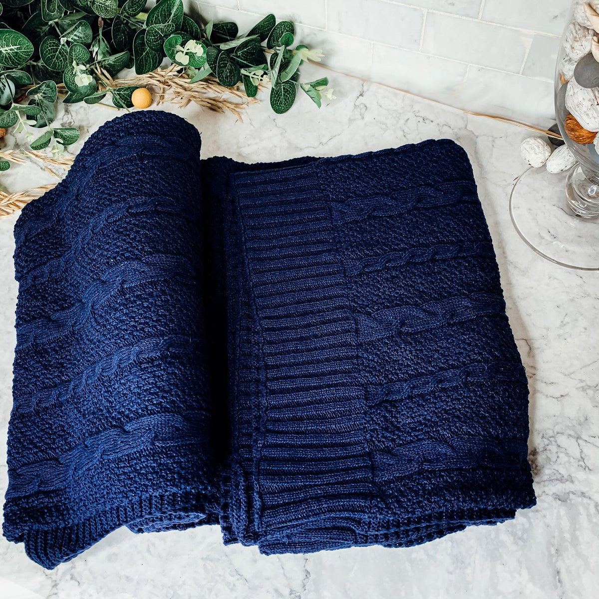 Cable Knit Sweater Throw Blanket – Soft Cotton Throw in Ivory, Navy & Red
