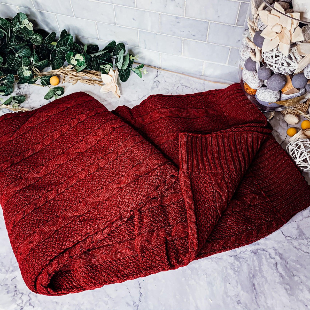 Cable Knit Sweater Throw Blanket – Soft Cotton Throw in Ivory, Navy & Red