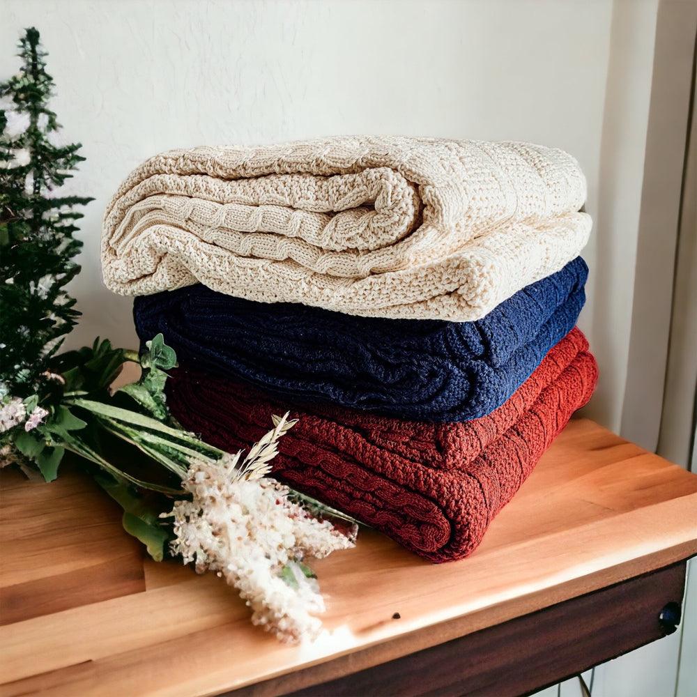 Cable Knit Sweater Throw Blanket – Soft Cotton Throw in Ivory, Navy & Red