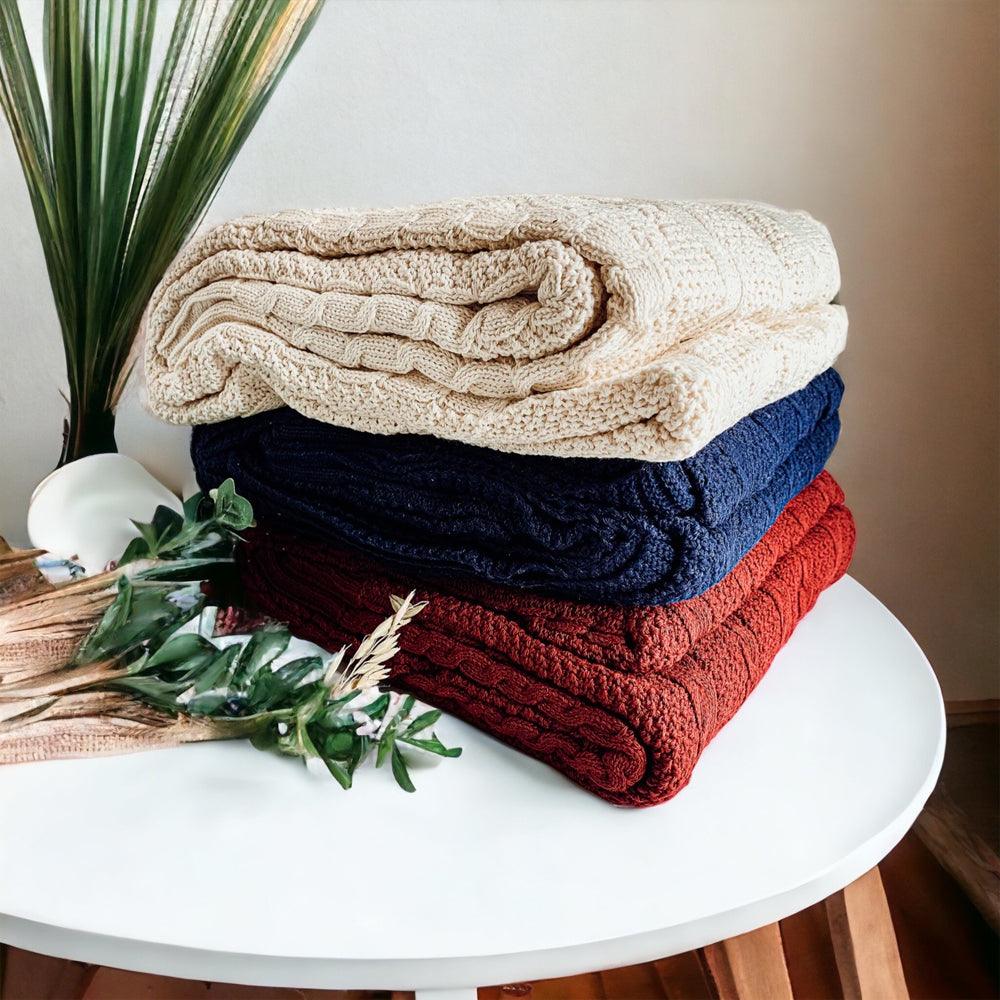Cable Knit Sweater Throw Blanket – Soft Cotton Throw in Ivory, Navy & Red