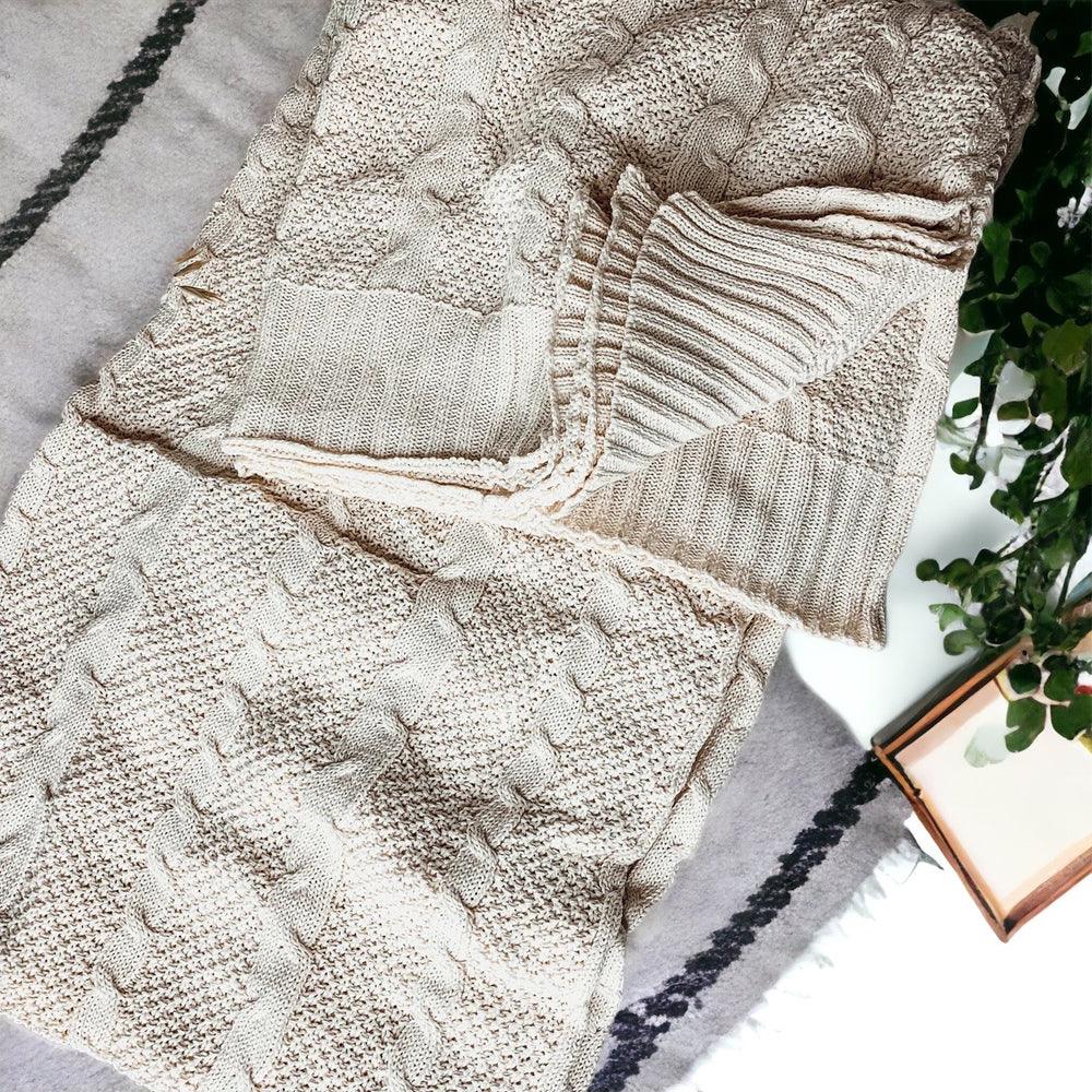 Cable Knit Sweater Throw Blanket – Soft Cotton Throw in Ivory, Navy & Red