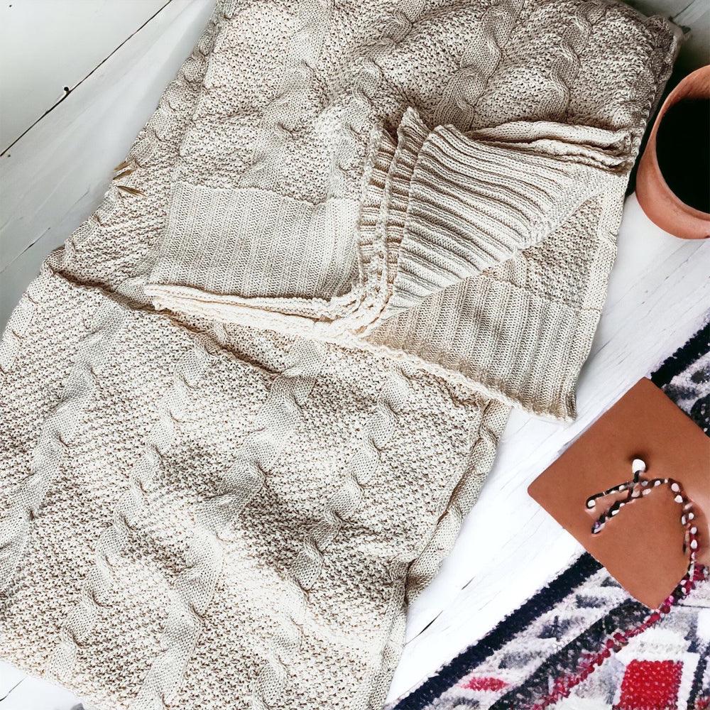 Cable Knit Sweater Throw Blanket, Soft Cotton Throw in Ivory, Navy & Red