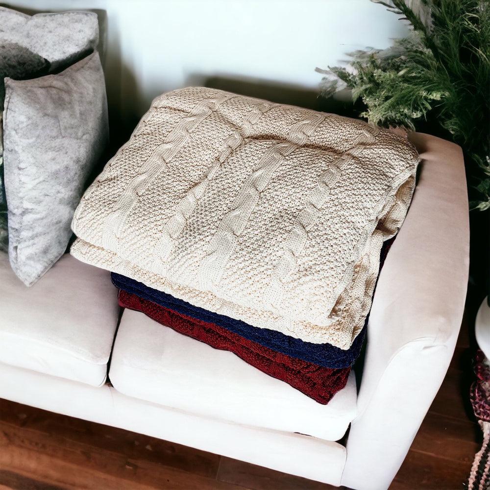 Cable Knit Sweater Throw Blanket – Soft Cotton Throw in Ivory, Navy & Red