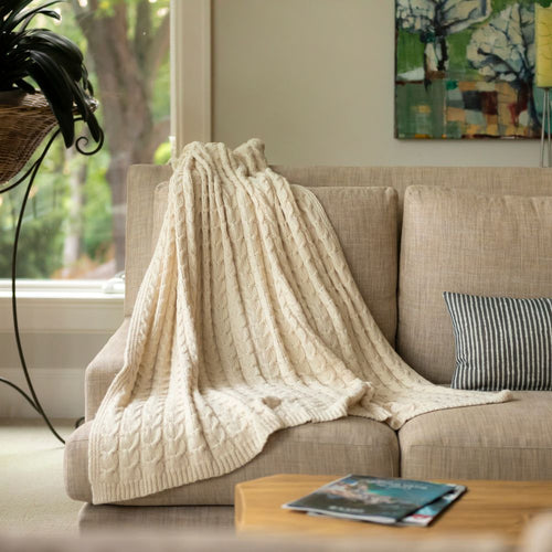 Baby Alpaca & Pima Cotton Cable Knit Throw Blanket, Ivory