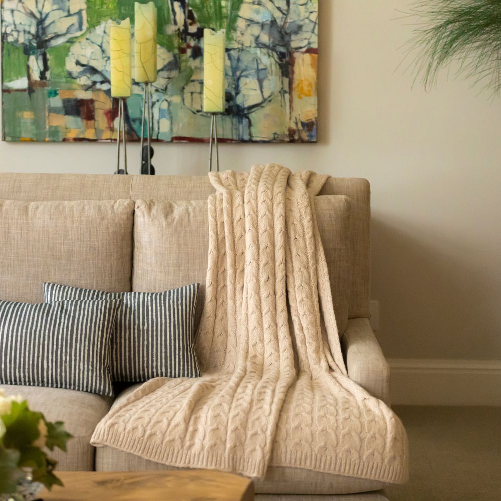 Baby Alpaca & Pima Cotton Cable Knit Throw Blanket – Light Tan